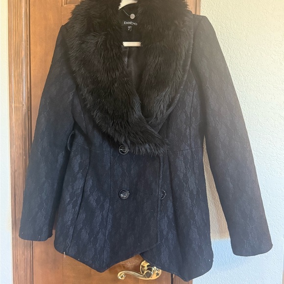 Bebe Elegant Black Pea Coat with Faux Fur Collar - Picture 1 of 2